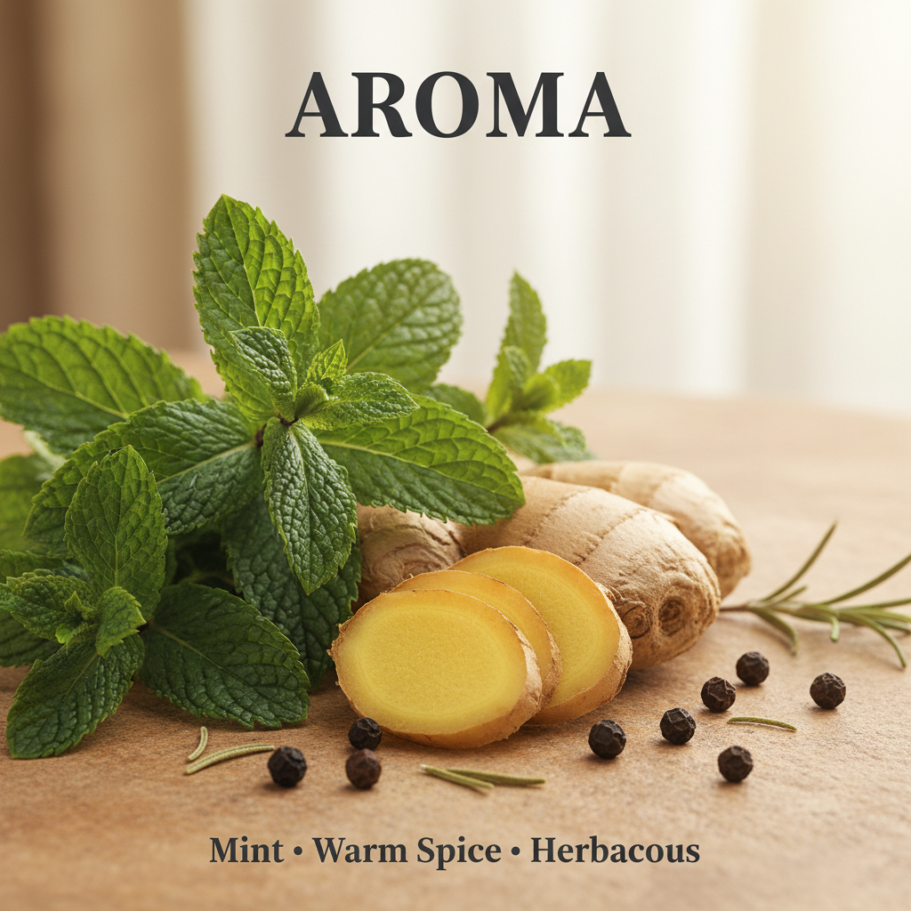 A sophisticated, botanical composition featuring fresh mint leaves, sliced ginger root, and black peppercorns on a warm wooden surface, titled "AROMA" and labeled "Mint · Warm Spice · Herbaceous," illustrating the complex, restorative scent profile of the LG Apothecary Co. 212 Kinetic Gel.