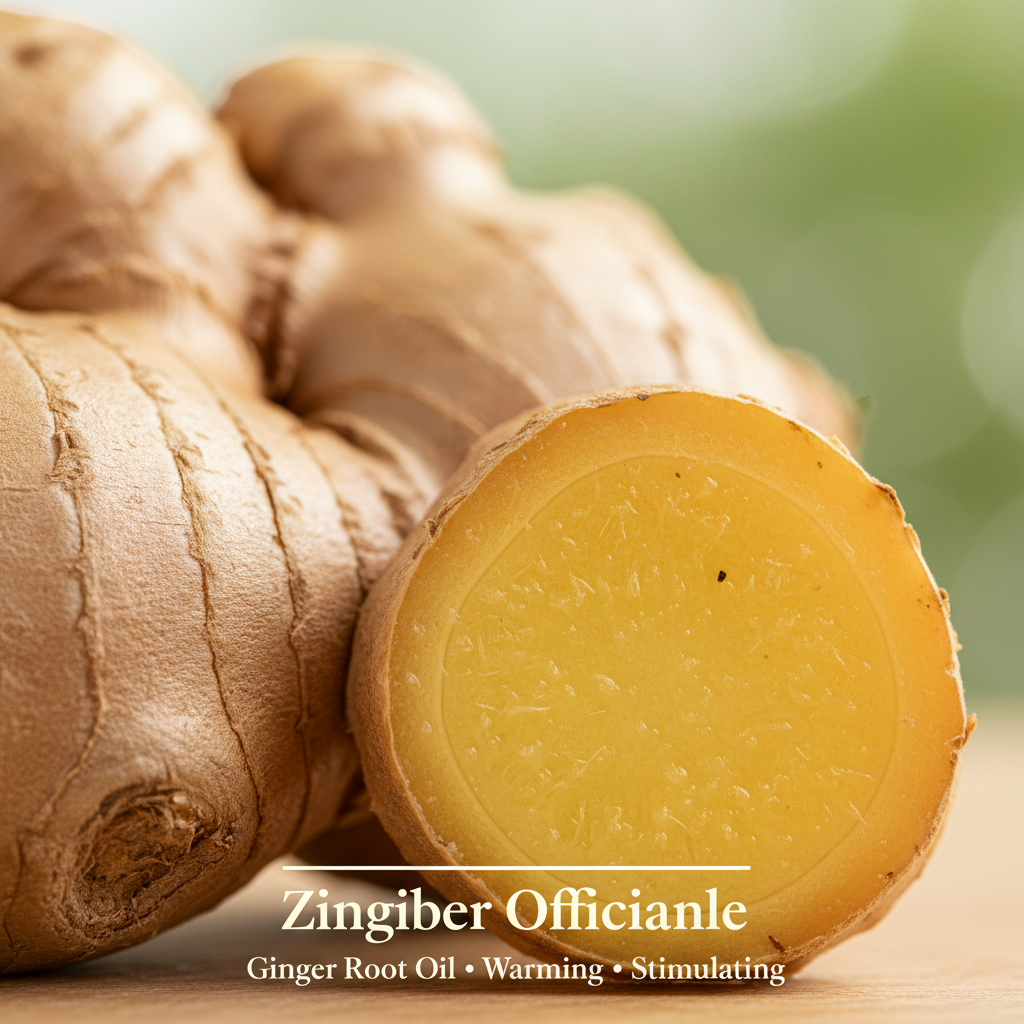 A close-up, high-detail photograph of fresh, sliced ginger root on a wooden surface, labeled 'Zingiber Officinale'—a key warming and stimulating ingredient in the LG Apothecary Co. 212 Kinetic Gel, reinforcing the product's botanical purity and apothecary roots.