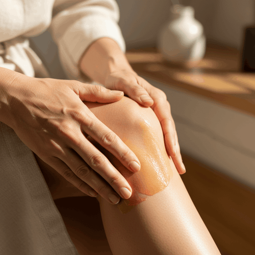 A close-up lifestyle shot of the LG Apothecary Co. 212 Kinetic Gel being massaged onto a knee, highlighting the velvety-smooth, restorative gel texture and the brand’s focus on botanical-based physical recovery and movement.