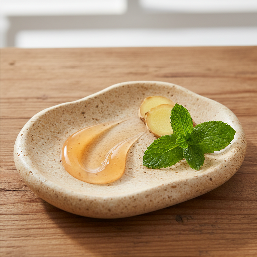 A close-up, sensory view of a handmade ceramic dish holding a dollop of LG Apothecary Co. 212 Kinetic Gel alongside fresh ginger root and a sprig of mint on a warm, wooden surface, highlighting the formula's botanical ingredients and silky, restorative texture.