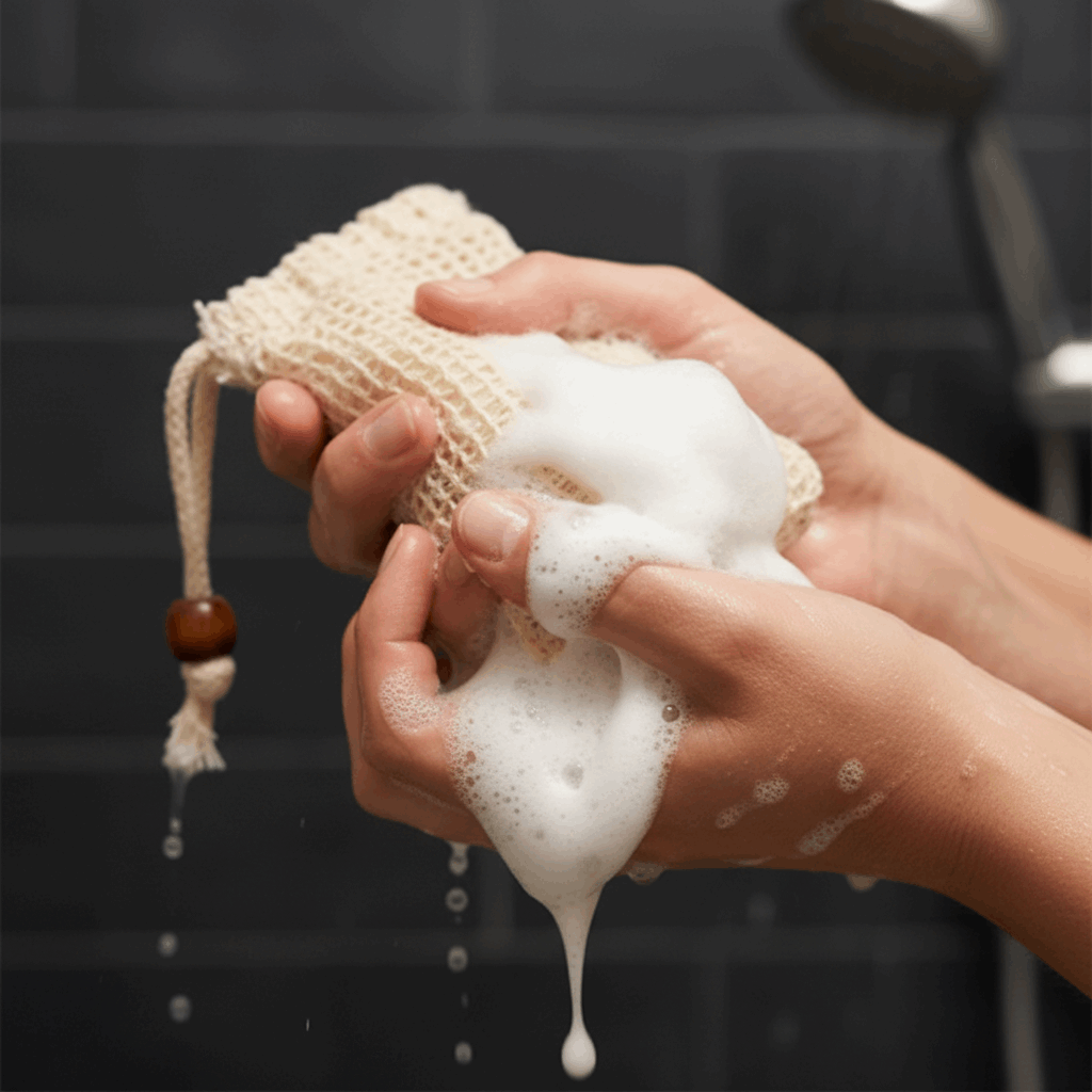 LG Apothecary Co. Natural Sisal Soap Bag, shown in use with a creamy lather, emphasizing the eco-conscious, restorative nature of the botanical cleansing ritual.