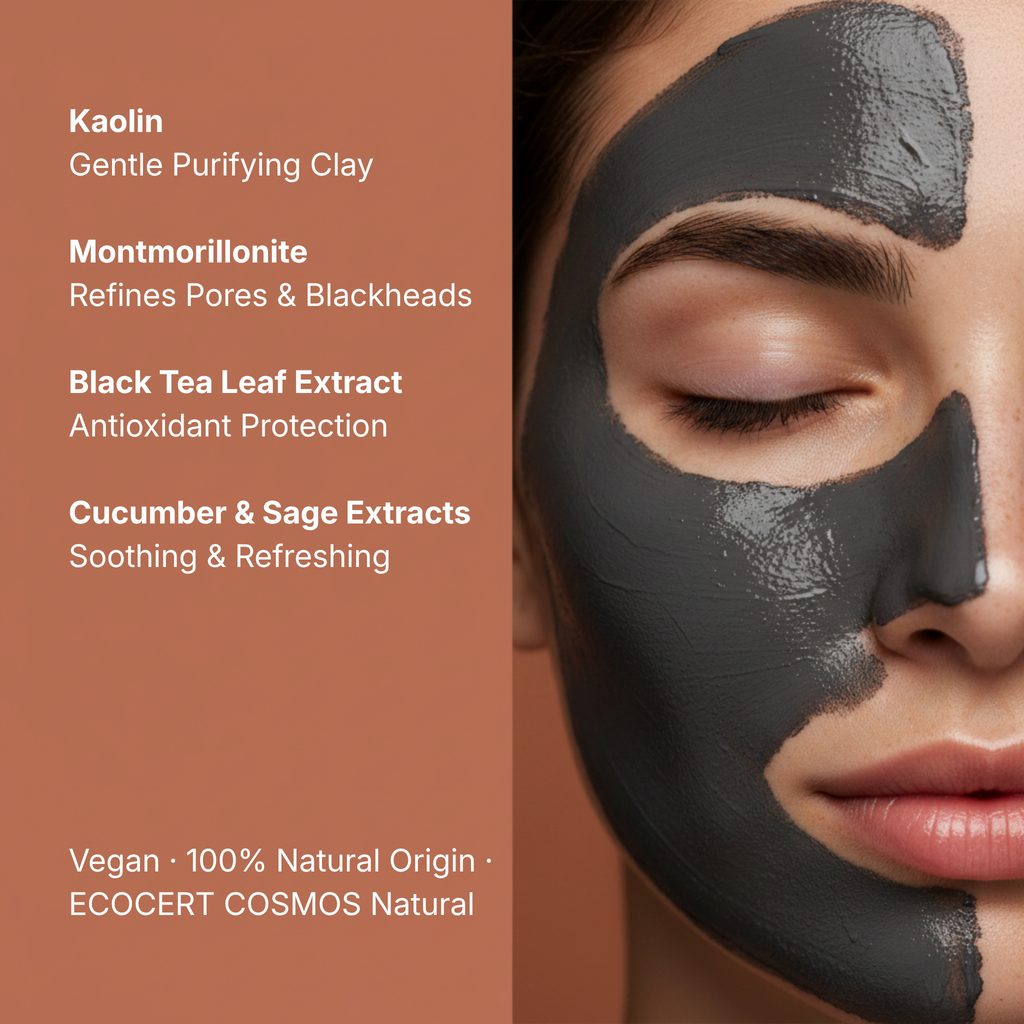 LG Apothecary Co. Botanical No. 103 Purifying Clay Mask infographic. Model with dark grey clay mask on half of her face against a warm terracotta background. Text lists key restorative ingredients: Kaolin, Montmorillonite, Black Tea Leaf Extract, and Cucumber and Sage Extracts.