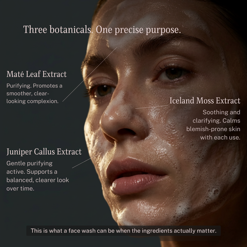 Close-up of a person's face with text about botanical extracts on a dark background