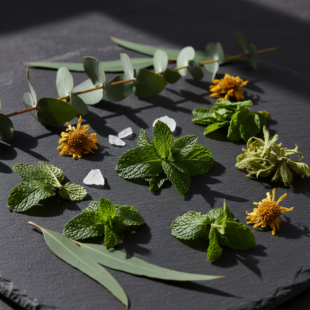 LG Apothecary Co. Restorative Foot Balm aroma profile, featuring fresh spearmint and peppermint leaves alongside vibrant yellow arnica flowers arranged on a dark, textured slate surface with dramatic, cinematic lighting.