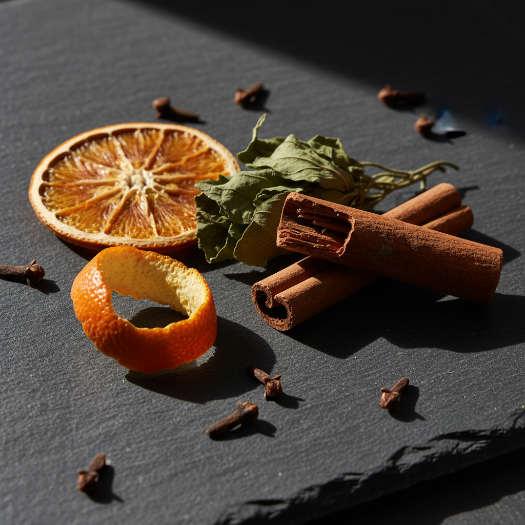 LG Apothecary Co Bay Runner Botanical Bar Soap aroma profile featuring dried orange slices, bay leaves, cinnamon sticks, and cloves on charcoal stone.