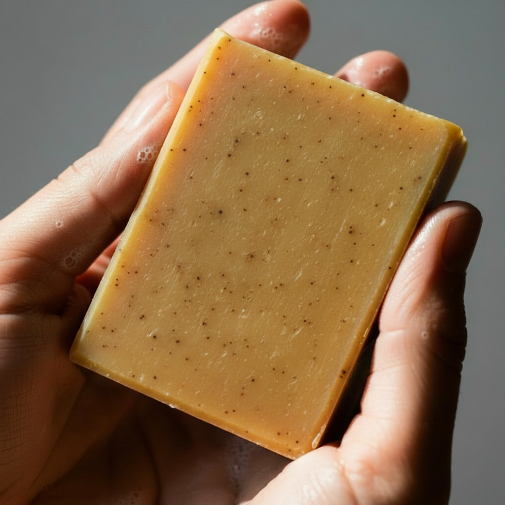 LG Apothecary Co Bay Runner Botanical Bar Soap held in hands showcasing flat-top rectangular shape and subtle botanical flecks.