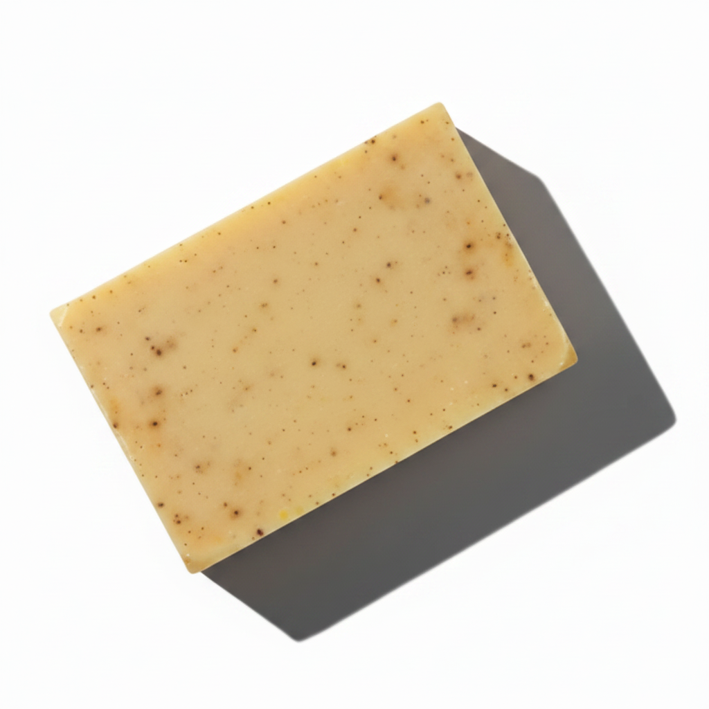 LG Apothecary Co Bay Runner Botanical Bar Soap styled flat lay on white background, showcasing clean rectangular shape and subtle dark botanical flecks.