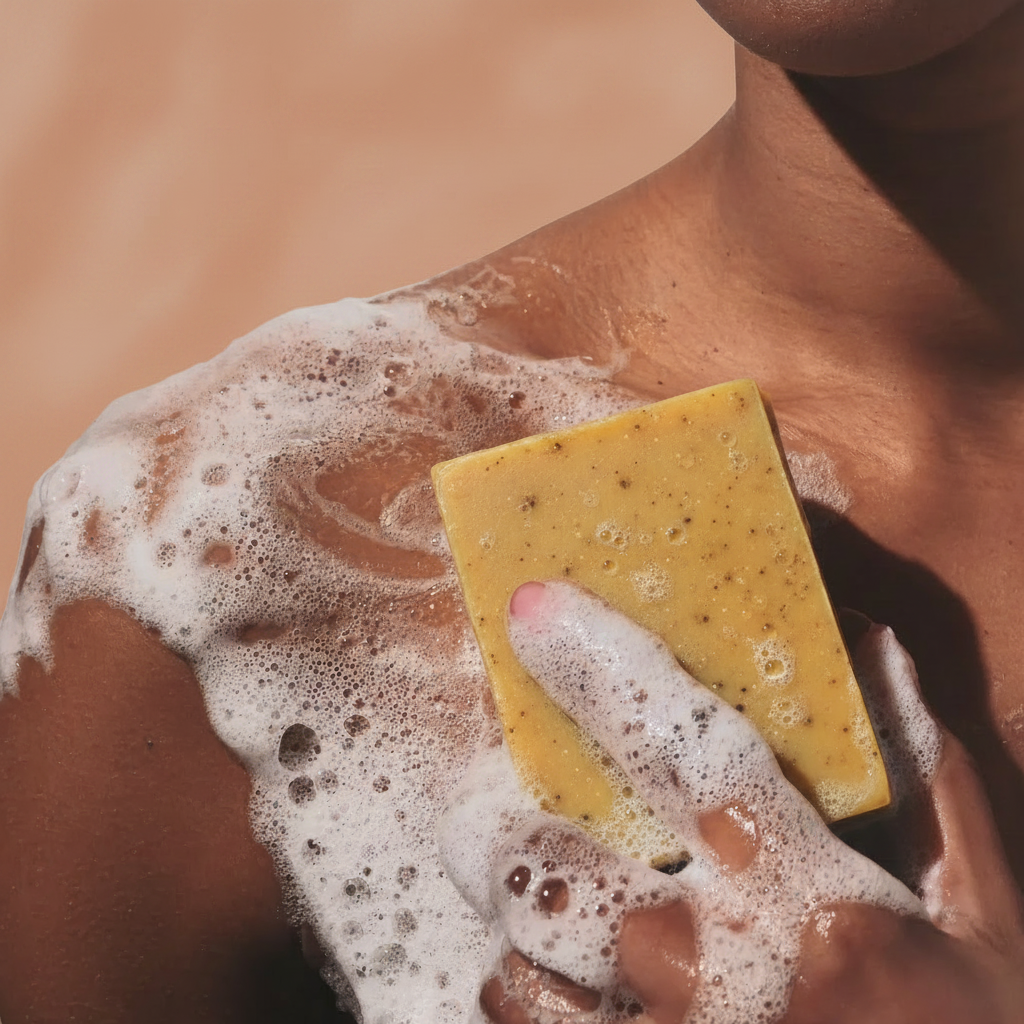 LG Apothecary Co Bay Runner Botanical Bar Soap creamy lather on skin, close-up lifestyle shot with warm terracotta tones.