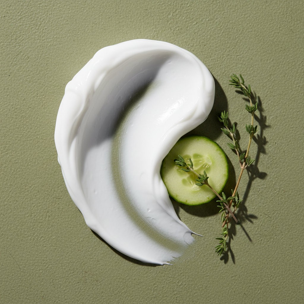 Smooth, creamy texture of Botanical No. 4 Restorative Emulsion Body Lotion next to a fresh cucumber slice and delicate green herb sprigs on a soft green background.