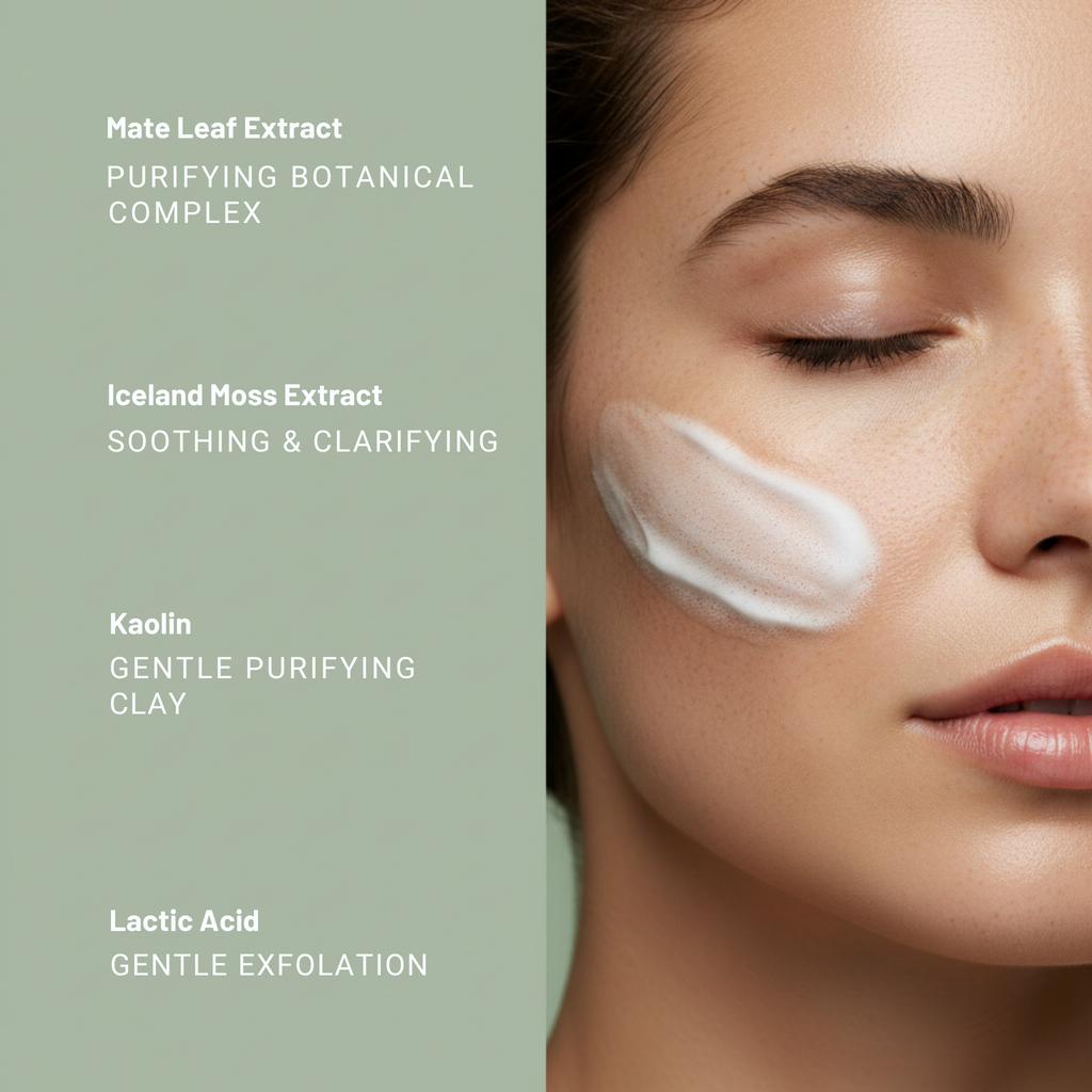 Close-up of a woman with smooth skin and a cream face wash applied on her cheek, alongside text highlighting key ingredients and benefits of Botanical No. 101 Blemish Purifying Face Wash | Blemish Prone Skin including mate leaf extract, Iceland moss extract, kaolin, and lactic acid.