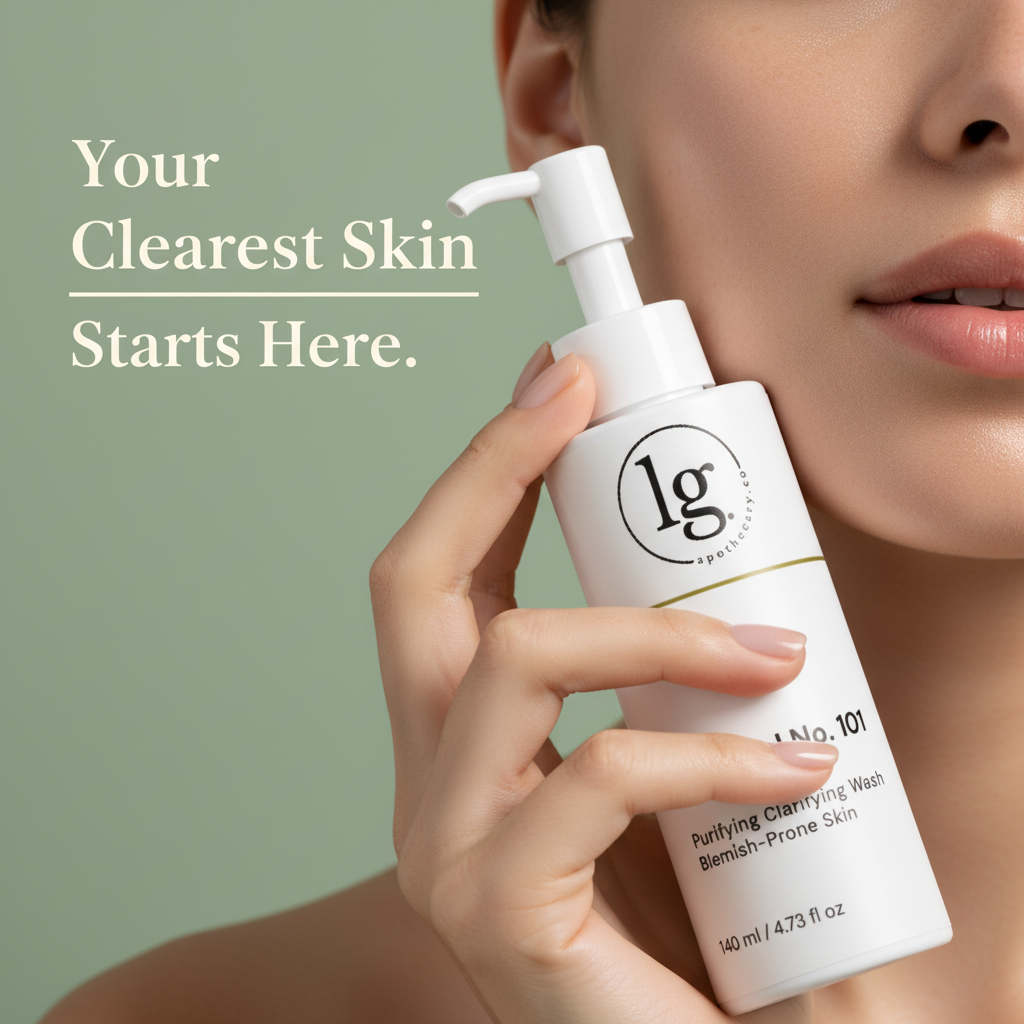 Close-up of a person holding a white pump bottle of Botanical No. 101 Blemish Purifying Face Wash | Blemish Prone Skin by lg apothecary co, promoting botanical skincare for clear skin.