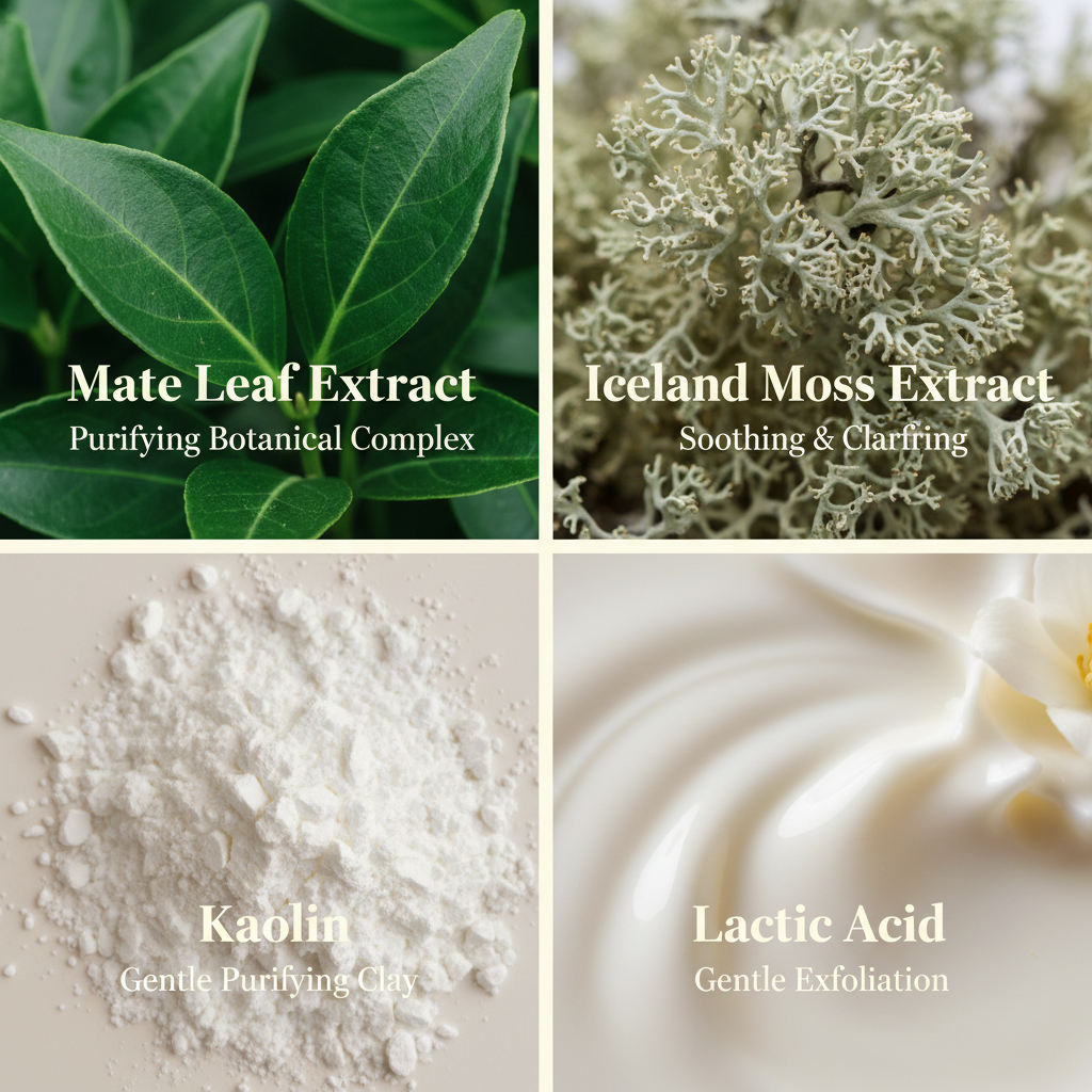 Close-up of mate leaf extract, Iceland moss extract, kaolin clay, and lactic acid, key ingredients featured in Botanical No. 101 Blemish Purifying Face Wash | Blemish Prone Skin for gentle purification and soothing care.