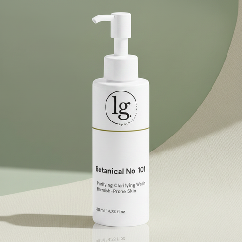 White pump bottle of Botanical No. 101 Blemish Purifying Face Wash | Blemish Prone Skin on a soft beige and green background, highlighting clean beauty and botanical skincare.