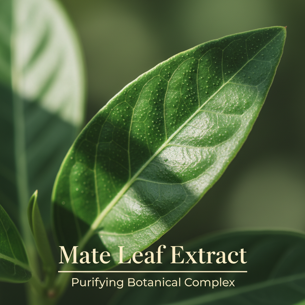 Close-up of a vibrant green mate leaf highlighting natural botanical ingredients in Botanical No. 101 Blemish Purifying Face Wash | Blemish Prone Skin for clean beauty and purifying skincare.