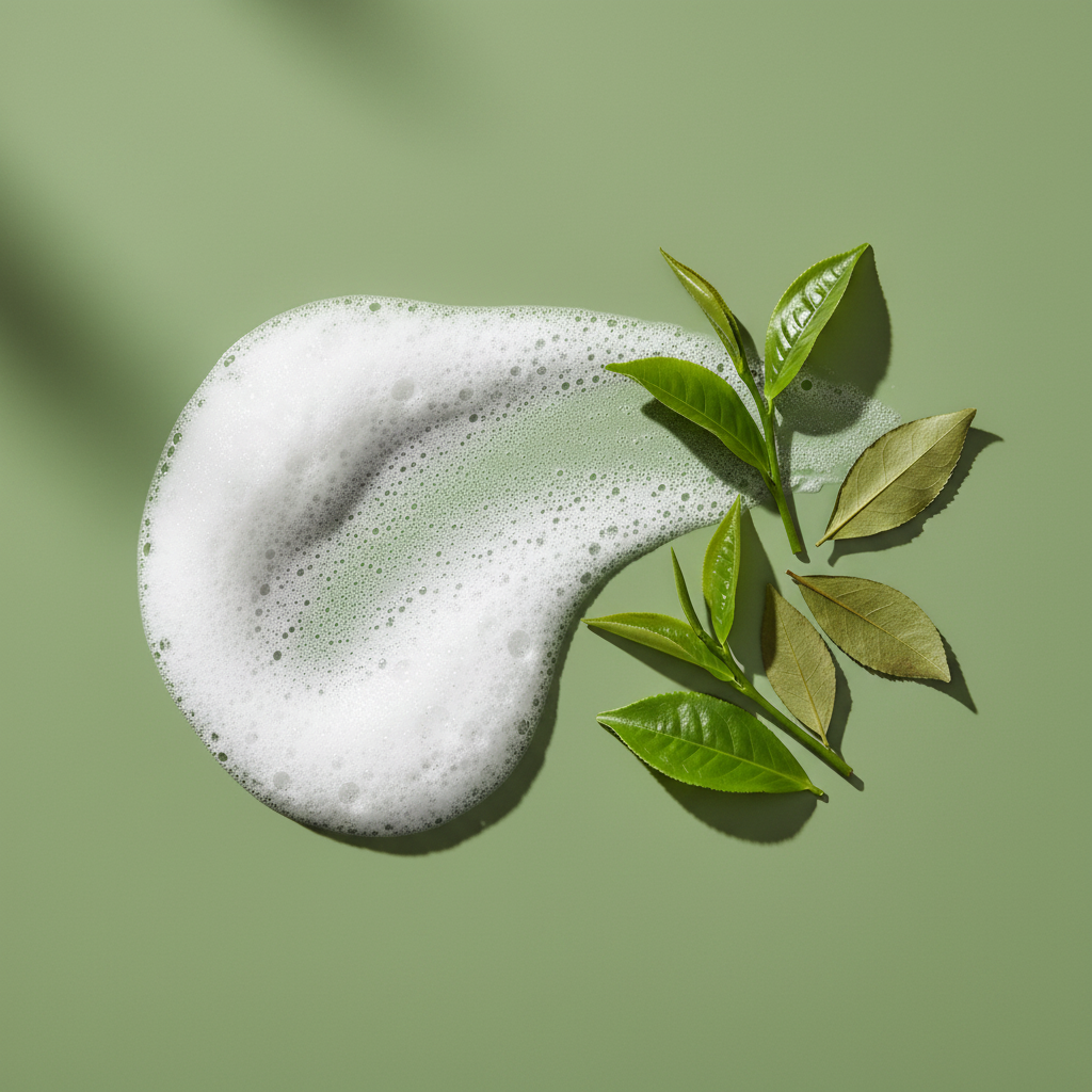 Foamy texture of Botanical No. 101 Blemish Purifying Face Wash | Blemish Prone Skin surrounded by fresh green botanical leaves on a muted green background, conveying natural and clean beauty.