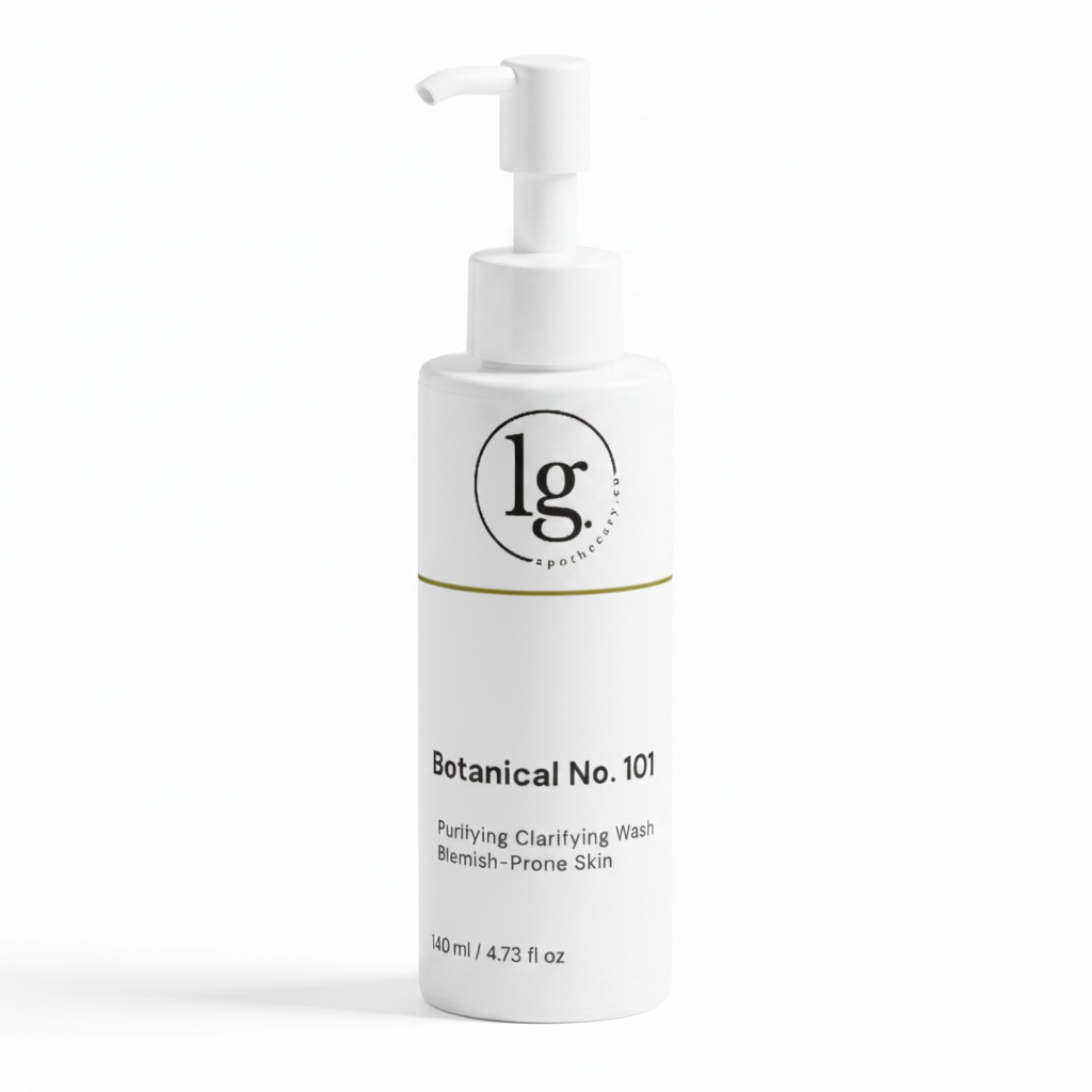 White pump bottle of Botanical No. 101 Blemish Purifying Face Wash | Blemish Prone Skin by lg apothecary co, featuring clean beauty botanical skincare for blemish-prone skin.