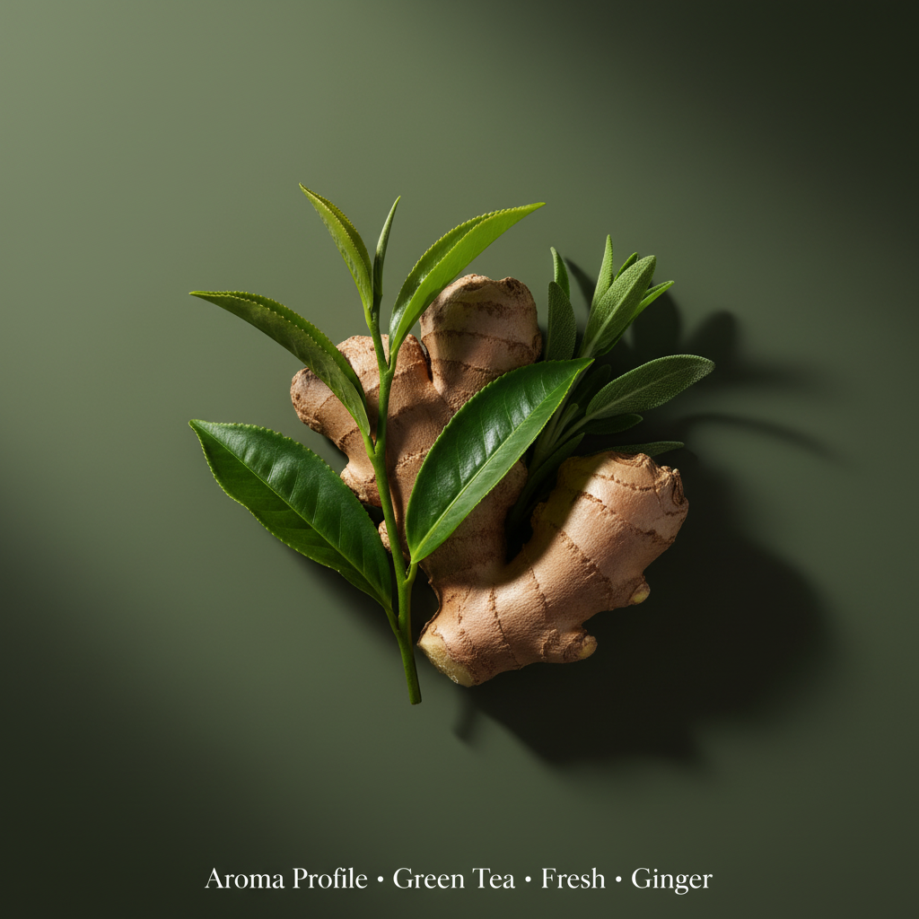 Fresh ginger root with green tea leaves on a muted green background, illustrating the natural aroma profile of Botanical No. 102 Clarifying Hydration Moisturizer | Blemish Prone Skin.