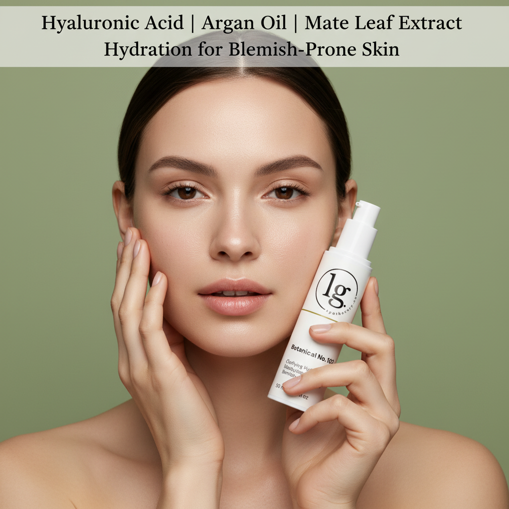 Young woman with clear skin holding a bottle of Botanical No. 102 Clarifying Hydration Moisturizer | Blemish Prone Skin against a green background, emphasizing hydration for blemish-prone skin with botanical ingredients.