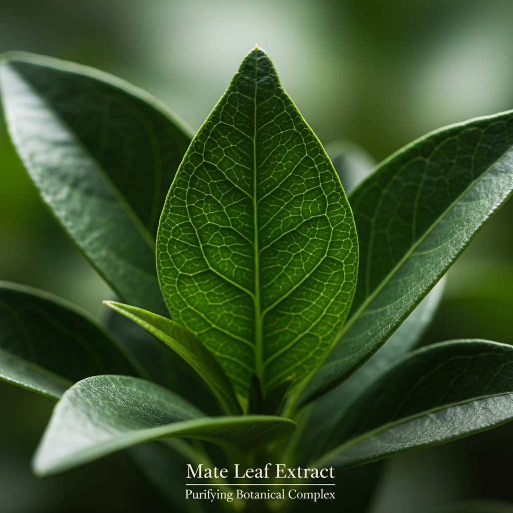Close-up of vibrant green mate leaves highlighting natural botanical ingredients for Botanical No. 102 Clarifying Hydration Moisturizer | Blemish Prone Skin, emphasizing clean beauty and plant-based skincare.