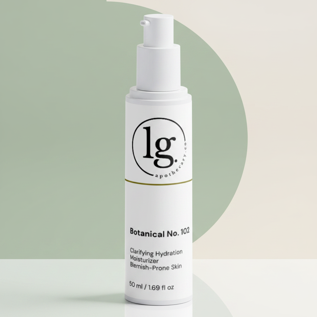 White pump bottle of Botanical No. 102 Clarifying Hydration Moisturizer | Blemish Prone Skin from lg apothecary co, displayed against a minimalist green and beige circular background, emphasizing clean beauty and botanical skincare.