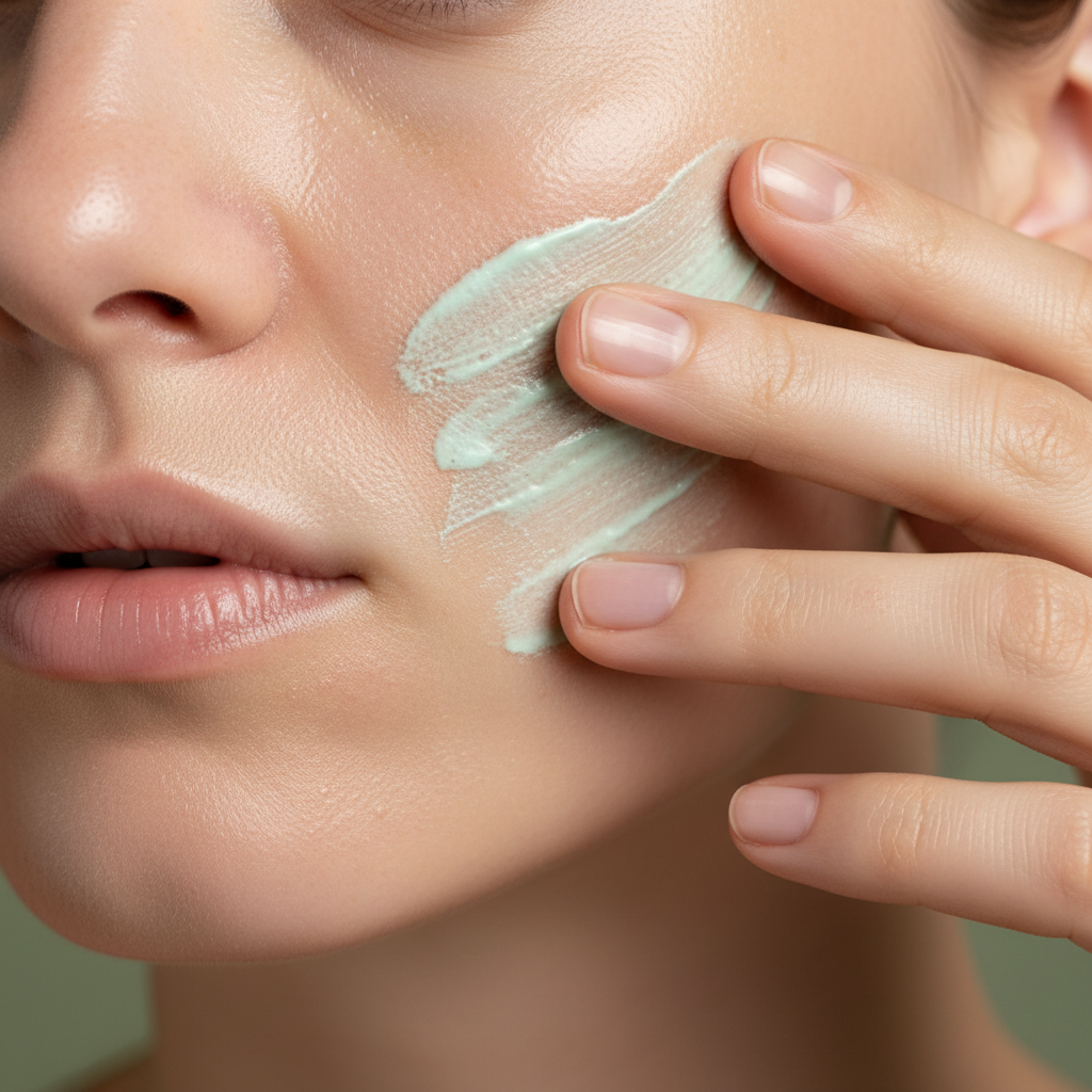 Close-up of a person gently applying Botanical No. 102 Clarifying Hydration Moisturizer | Blemish Prone Skin to clean, glowing skin, showcasing botanical skincare and clean beauty.
