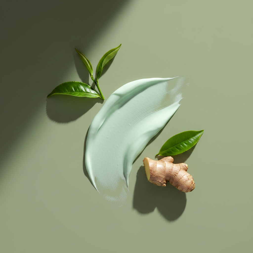 Ginger root with leaves on a light green background