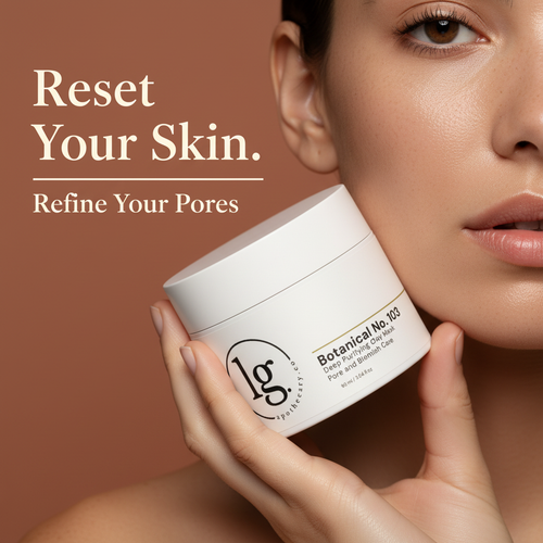 LG Apothecary Co Botanical No 103 Purifying Clay Mask jar held by a model with glowing skin against a terracotta background with Reset Your Skin Refine Your Pores text overlay