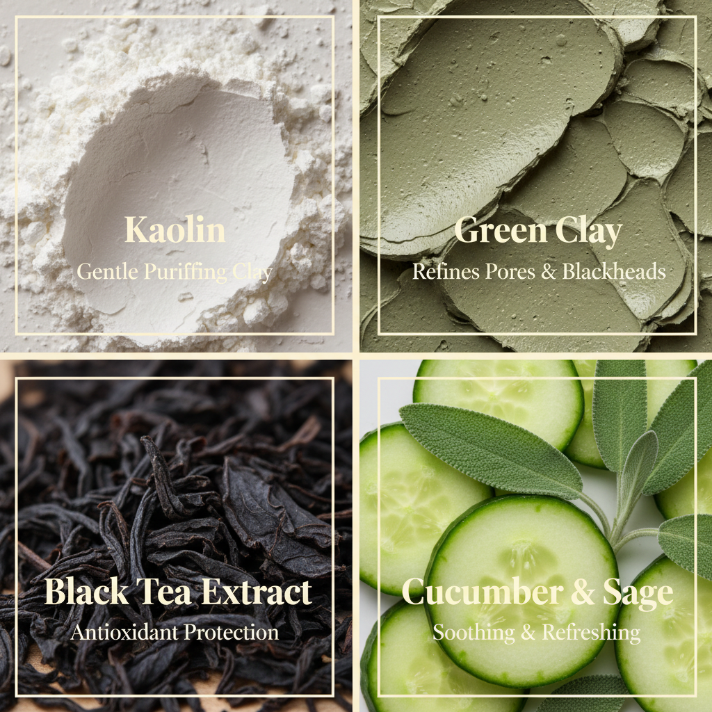 LG Apothecary Co. Botanical No. 103 Purifying Clay Mask ingredient grid. A four-panel display on an earthy surface featuring macro shots of Kaolin clay, green clay, black tea leaves, and cucumber slices with sage, labeled to highlight their purifying and restorative botanical properties.