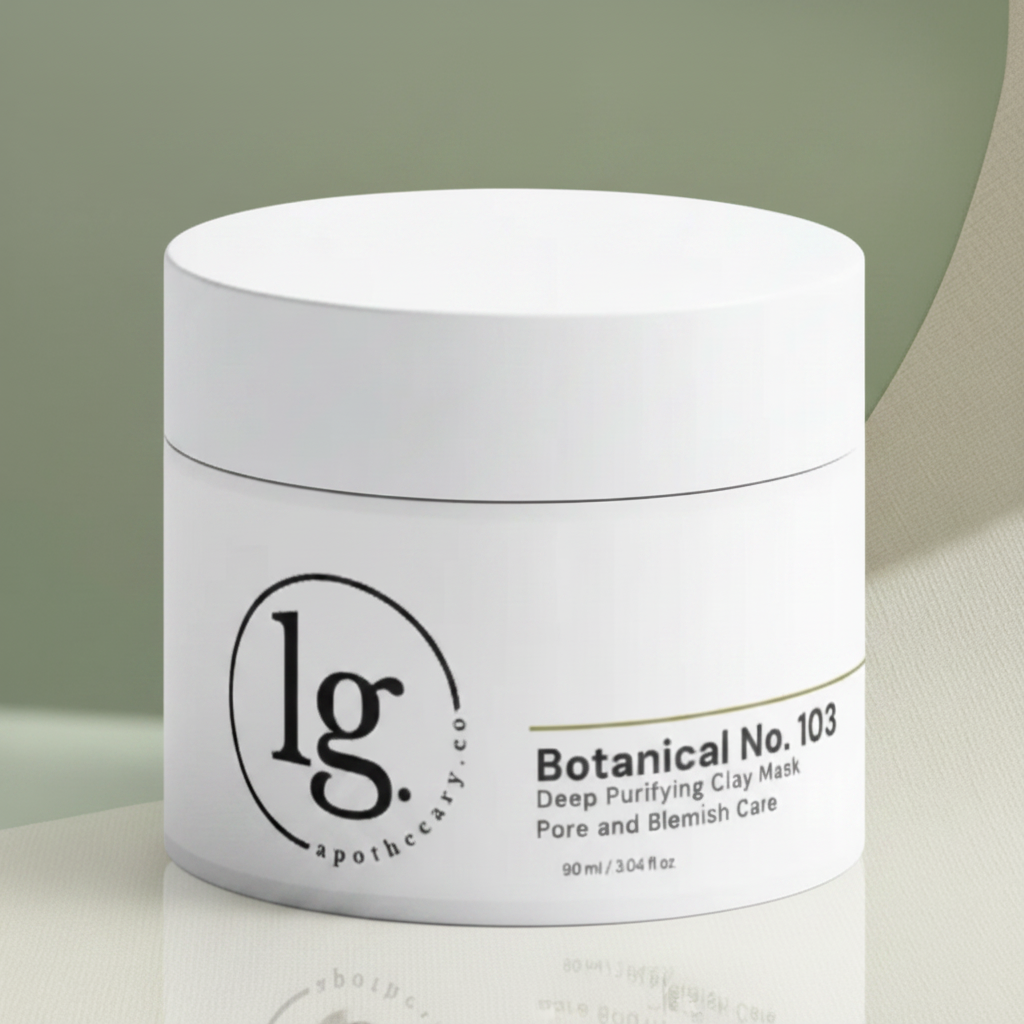 A clean, studio-lit hero shot of the LG Apothecary Co. Botanical No. 103 Deep Purifying Clay Mask, featuring the minimalist white jar with its signature olive green accent line centered on a soft, sage-toned background, highlighting the apothecary-style branding and restorative design.