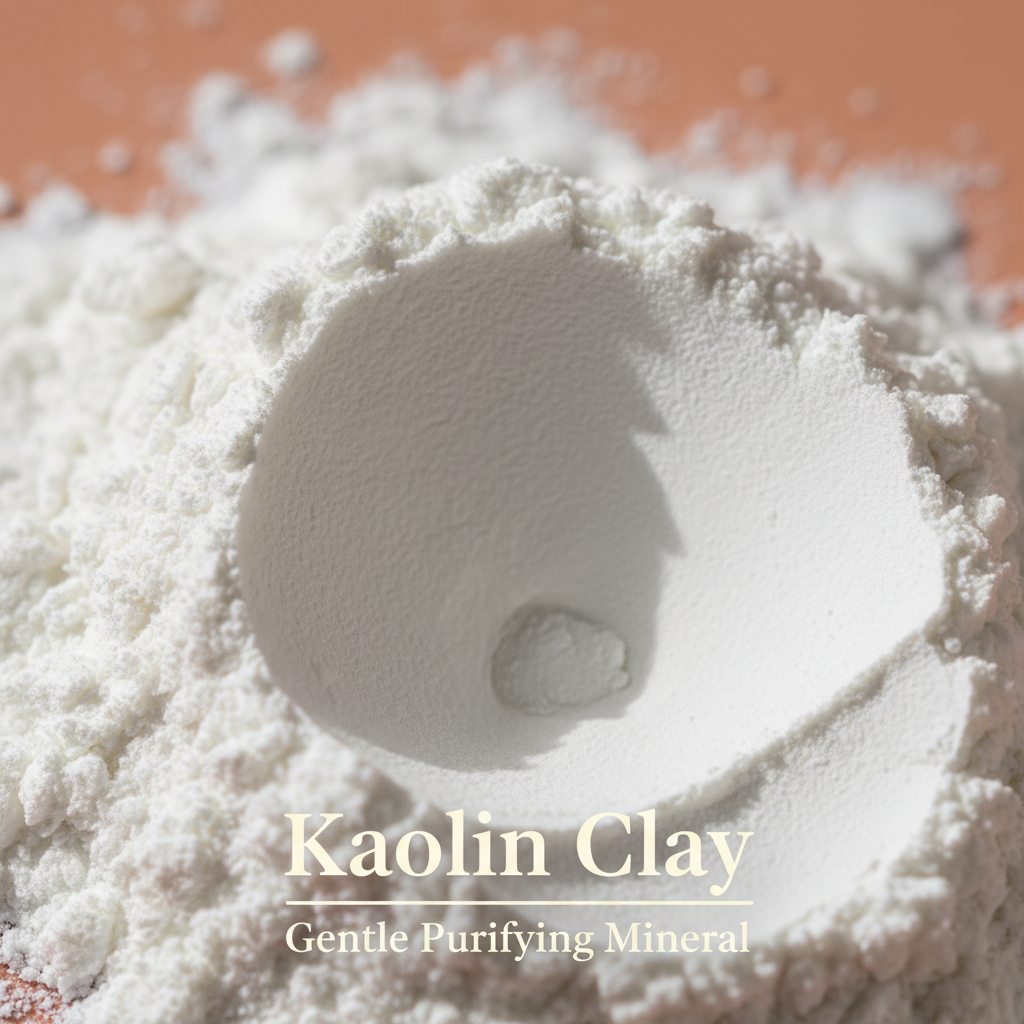 LG Apothecary Co. Botanical No. 103 Purifying Clay Mask Kaolin Clay ingredient detail. Close-up of fine white Kaolin clay powder in a natural mound on a terracotta surface, labeled as a gentle purifying mineral.