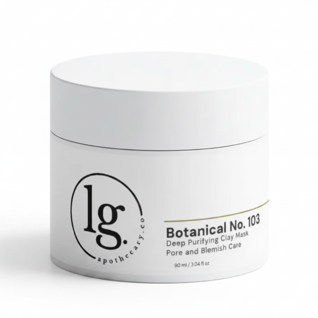A clean, studio-lit hero shot of the LG Apothecary Co. Botanical No. 103 Deep Purifying Clay Mask, featuring the minimalist white jar with its signature olive green accent line centered on a crisp white background, highlighting the apothecary-style branding.