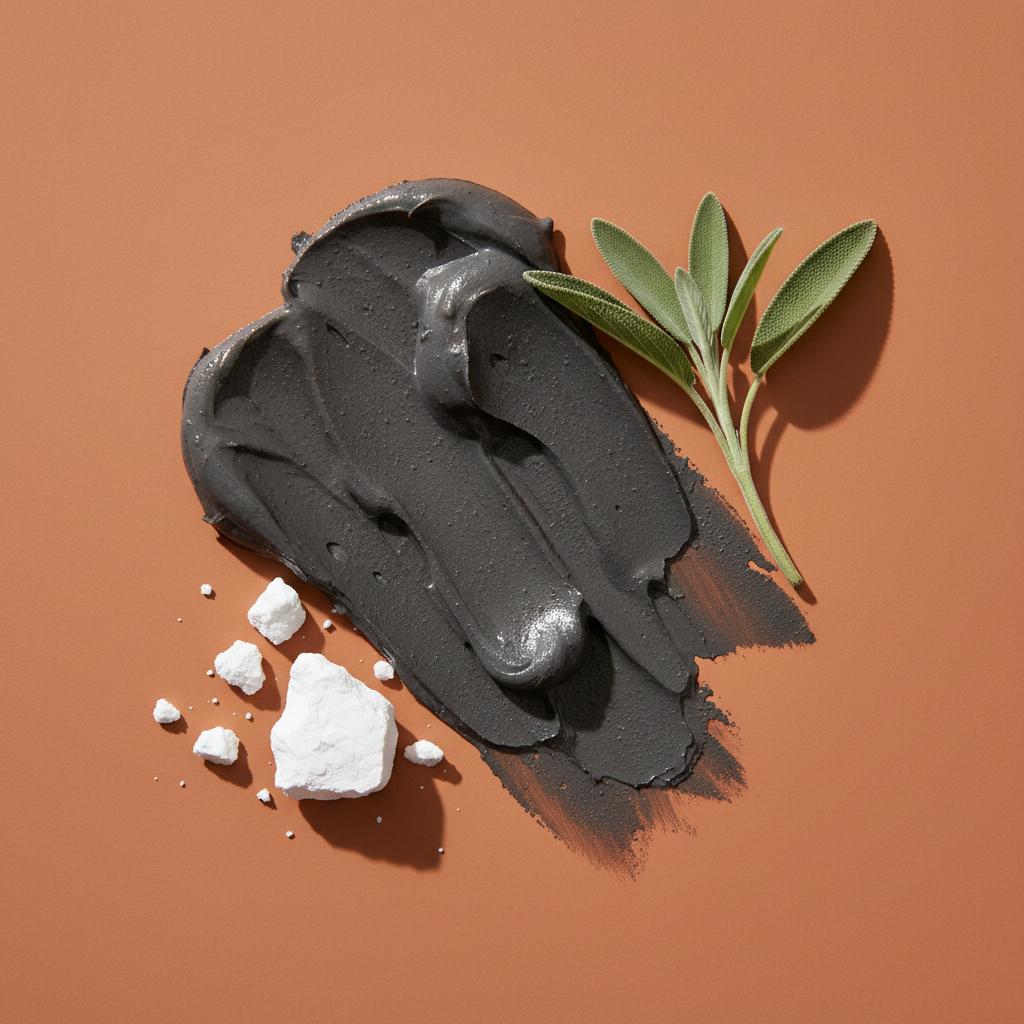 LG Apothecary Co. Botanical No. 103 Purifying Clay Mask texture shot. Thick smooth smear of dark grey clay beside white Kaolin mineral chunks and fresh sage leaves on a warm terracotta surface.