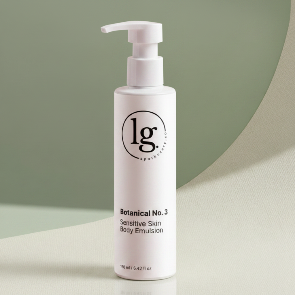 Bottle of Botanical No. 3 Sensitive Skin Body Emulsion with a pump dispenser on a curved surface background, showcasing clean beauty and botanical skincare by lg apothecary co.
