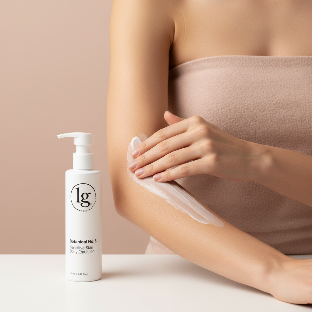 A person wearing a strapless top gently applying Botanical No. 3 Sensitive Skin Body Emulsion on their forearm beside a white pump bottle on a neutral background.