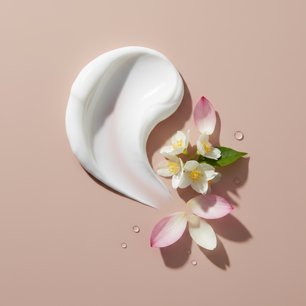 Smooth white cream swatch of Botanical No. 3 Sensitive Skin Body Emulsion next to delicate white and pink flower petals and green leaves on a soft beige background, highlighting clean beauty and botanical skincare.