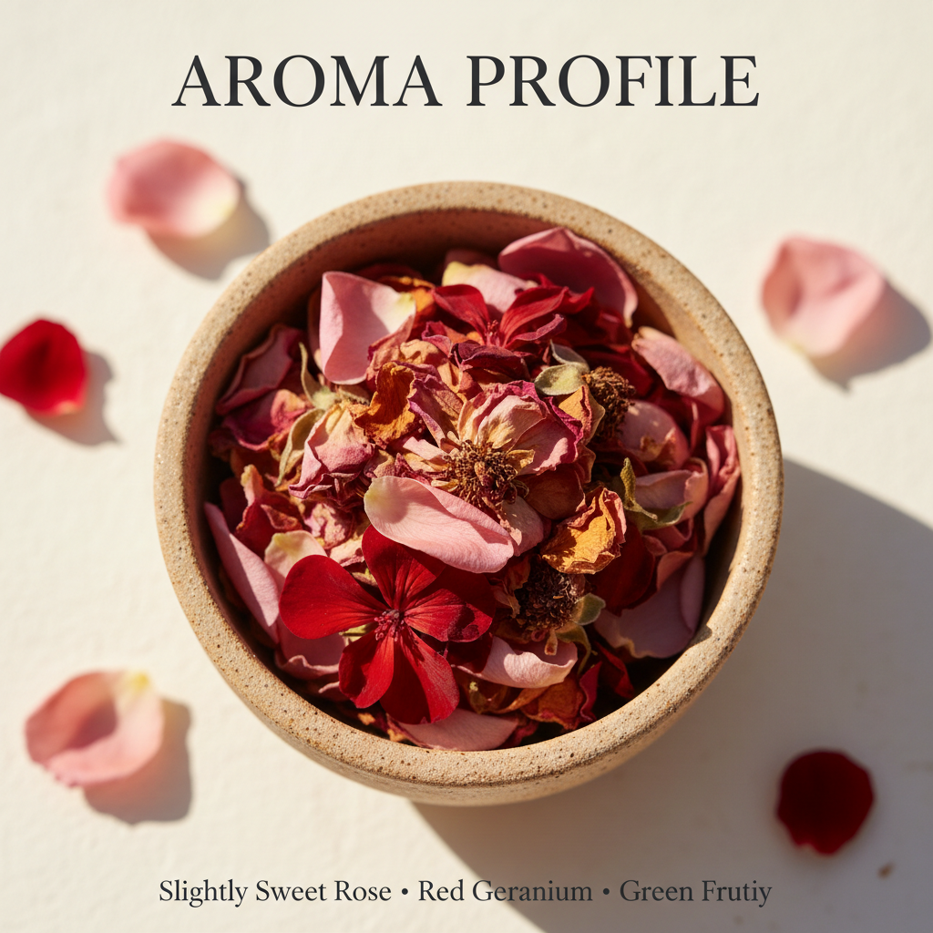 A top-down, sensory view of a handmade ceramic bowl filled with dried botanical petals, including rose and red geranium, representing the sophisticated aroma profile of the LG Apothecary Co Botanical No. 301 Phyto-Renewal Concentrate Serum—a blend of slightly sweet rose, red geranium, and green, fruity notes.