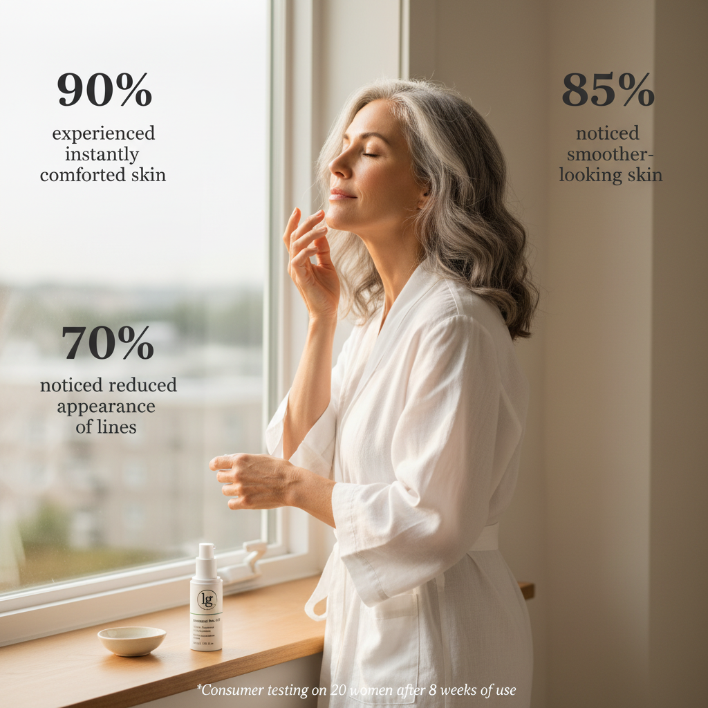 An infographic for LG Apothecary Co Botanical No. 301 Phyto-Renewal Concentrate Serum showing clinical results: 90% experienced instantly comforted skin, 85% noticed smoother-looking skin, and 70% noticed a reduced appearance of lines, emphasizing the serum's restorative and botanical efficacy.