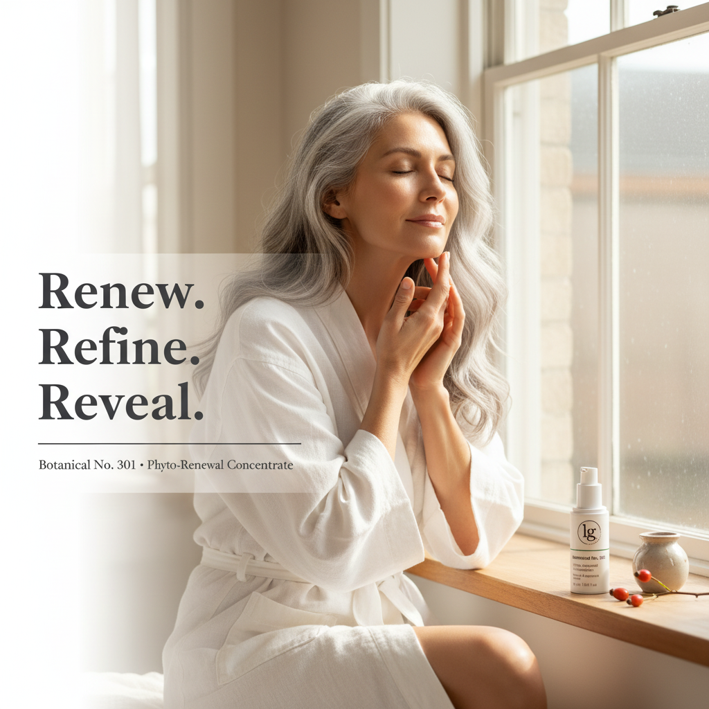 A serene editorial portrait of a woman in a white robe, glowing with confidence by a sunlit window, with a bottle of LG Apothecary Co Botanical No. 301 Phyto-Renewal Concentrate Serum placed on the sill; an elevated, restorative scene emphasizing natural beauty and ritual.