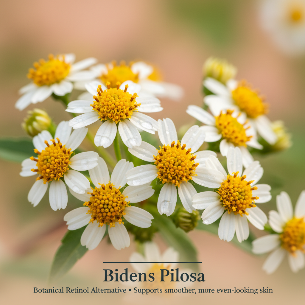 A close-up, vibrant photograph of fresh Bidens Pilosa flowers in nature, illustrating the primary active ingredient in the LG Apothecary Co Botanical No. 301 Phyto-Renewal Concentrate Serum—a powerful, restorative botanical retinol alternative that promotes smoother, more even-looking skin.