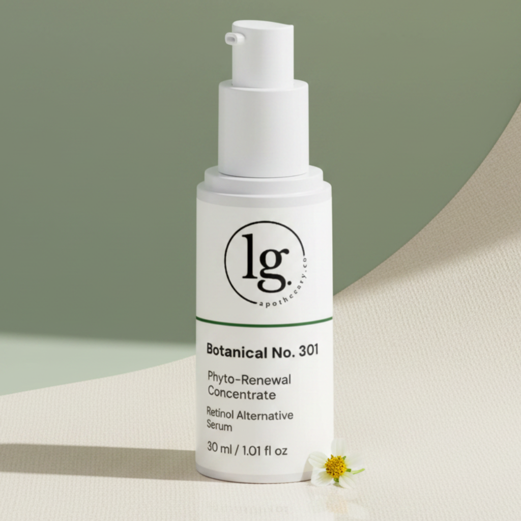 A close-up, elevated shot of the LG Apothecary Co Botanical No. 301 Phyto-Renewal Concentrate Serum in a sleek, minimalist bottle, resting on a soft cream surface beside a delicate botanical flower, highlighting the restorative, botanical nature of the formula.