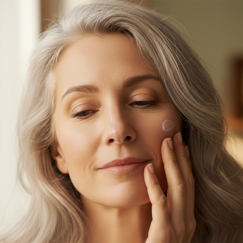 A serene, lifestyle close-up of a woman applying the creamy LG Apothecary Co Botanical No. 301 Phyto-Renewal Concentrate Serum to her cheek, highlighting the product’s rich, nourishing texture and the brand's commitment to restorative, botanical skincare for a radiant complexion.