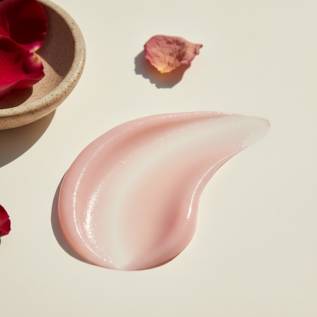 A close-up, top-down view of a creamy, pale-pink swatch of the LG Apothecary Co Botanical No. 301 Phyto-Renewal Concentrate Serum on a minimalist cream background, accented by a small ceramic bowl and delicate flower petals, showcasing the serum’s luxurious, silky texture and restorative botanical quality.