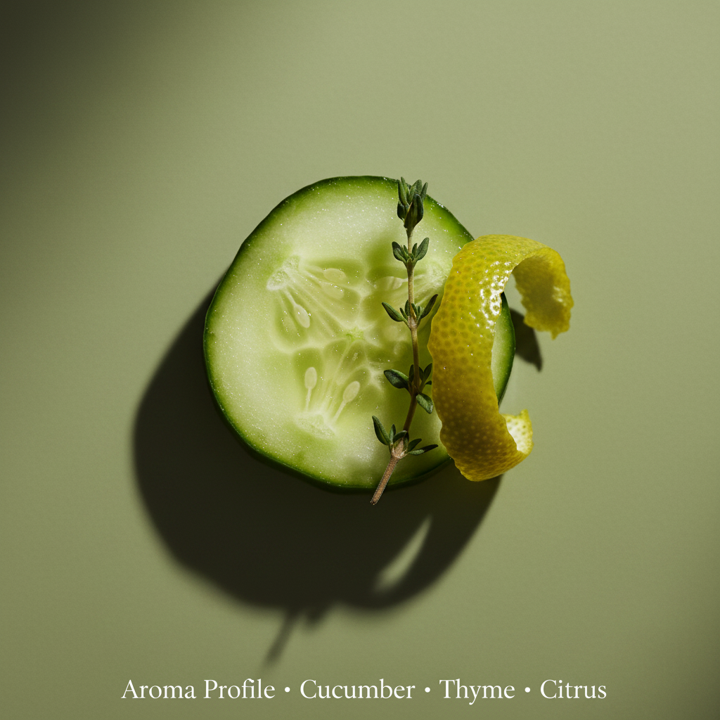 Close-up of a cucumber slice with thyme sprig and a curl of citrus peel highlighting natural ingredients in Botanical No. 4 Restorative Emulsion Body Lotion for clean beauty and botanical skincare.
