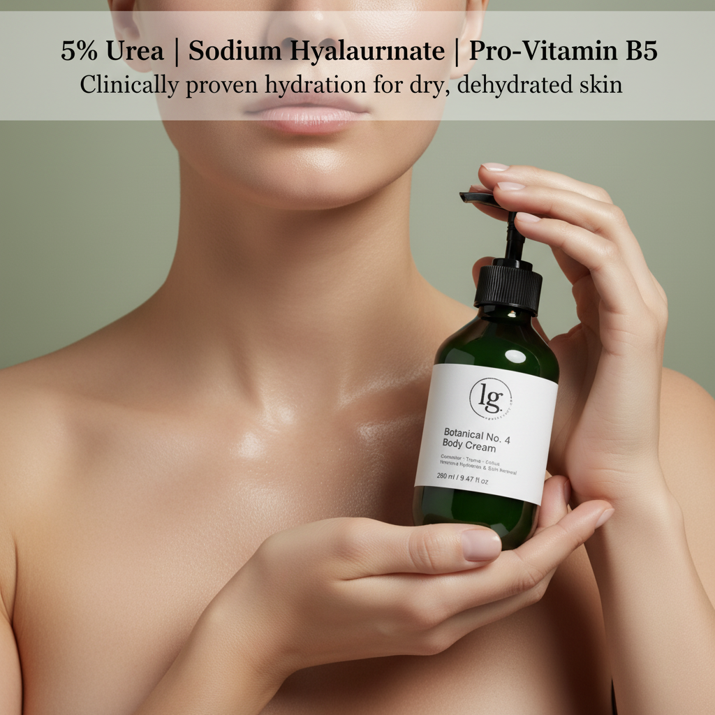 Close-up of a person holding a green bottle of Botanical No. 4 Restorative Emulsion Body Lotion with text highlighting key ingredients 5% Urea, Sodium Hyaluronate, and Pro-Vitamin B5 for clinically proven hydration of dry, dehydrated skin.