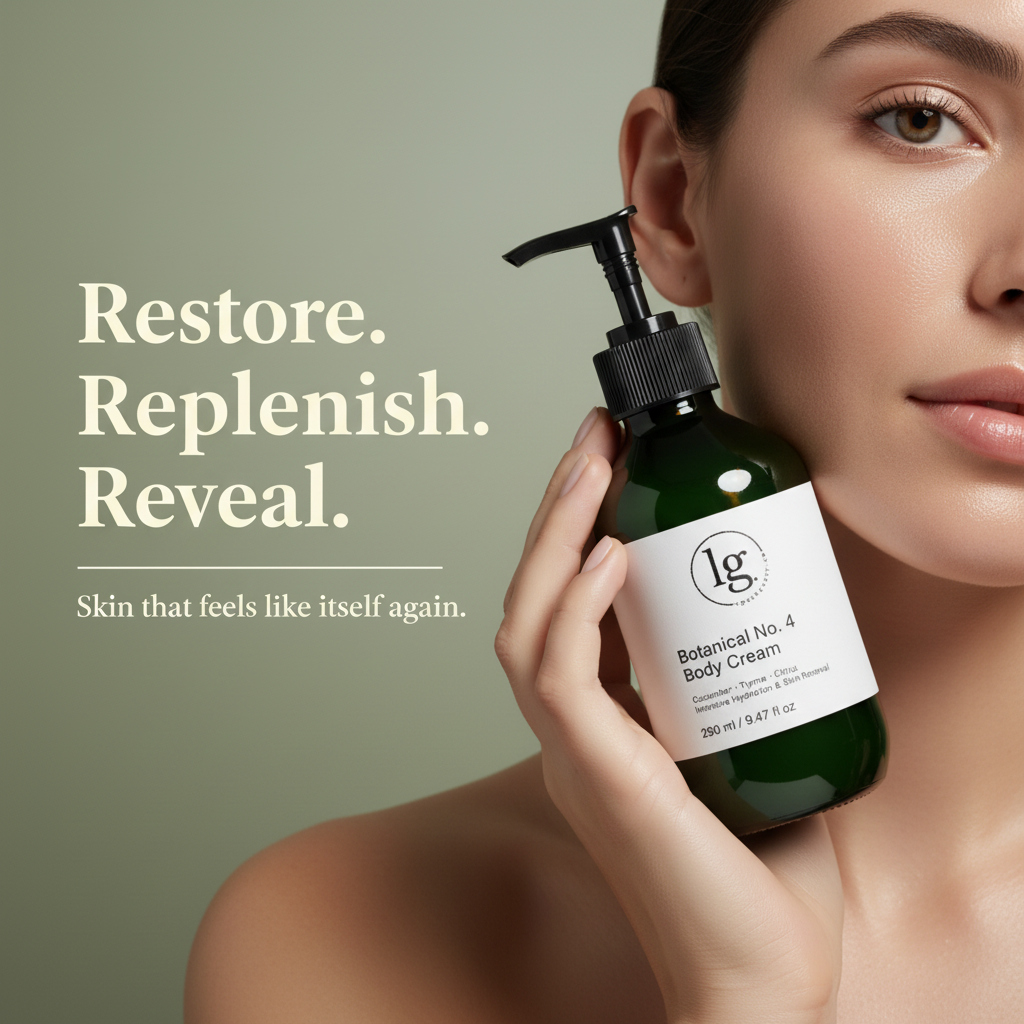 Young woman holding a green bottle of Botanical No. 4 Restorative Emulsion Body Lotion with clean, natural skin, promoting hydrating, botanical skincare for restoring and replenishing.