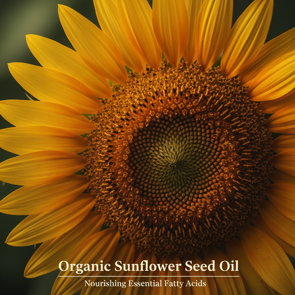 Close-up of a vibrant sunflower highlighting organic sunflower seed oil, a key nourishing ingredient in Botanical No. 4 Restorative Emulsion Body Lotion for eco-conscious luxury skincare.