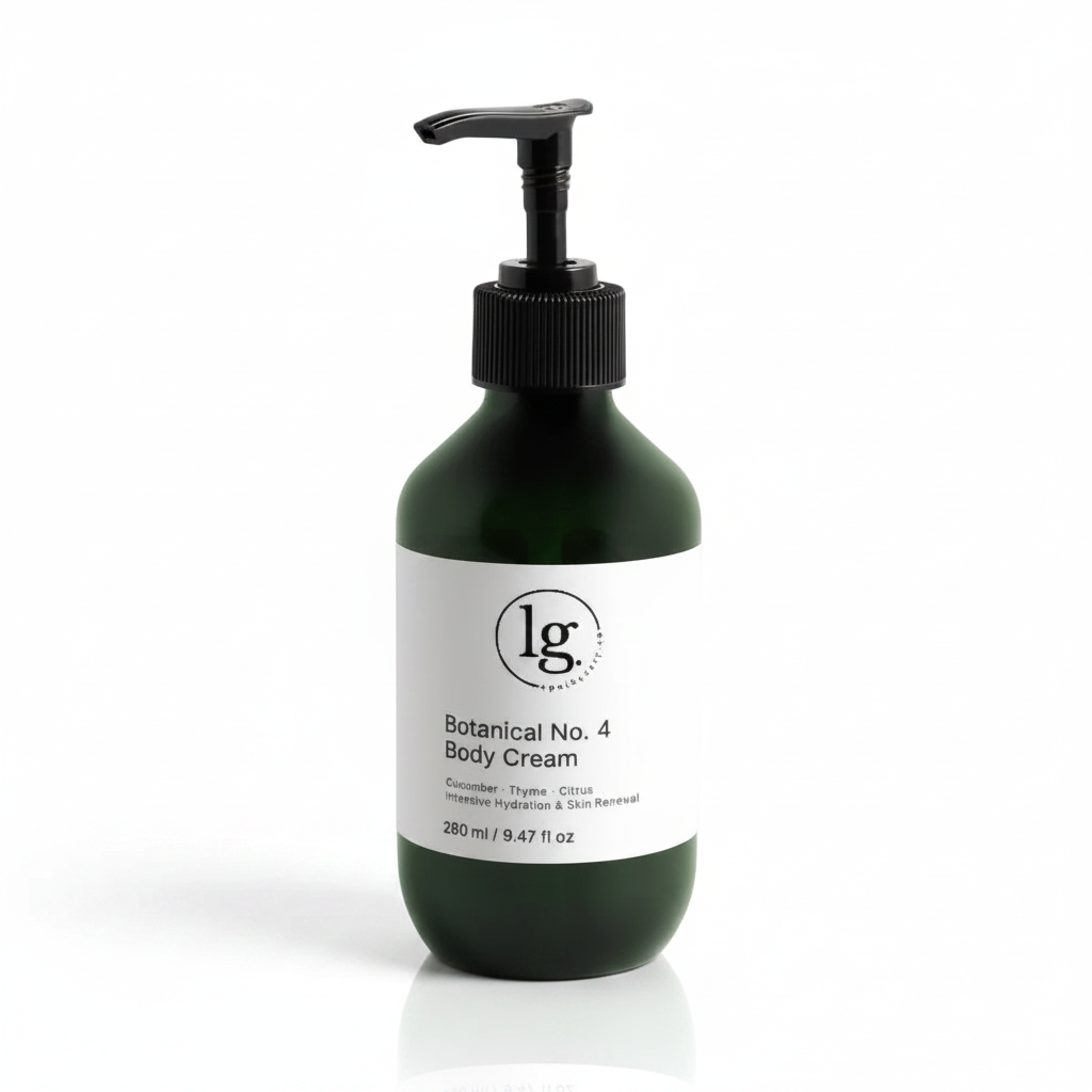 Bottle of Botanical No. 4 Restorative Emulsion Body Lotion in a dark green pump container with a white label, showcasing natural and clean beauty skincare packaging.