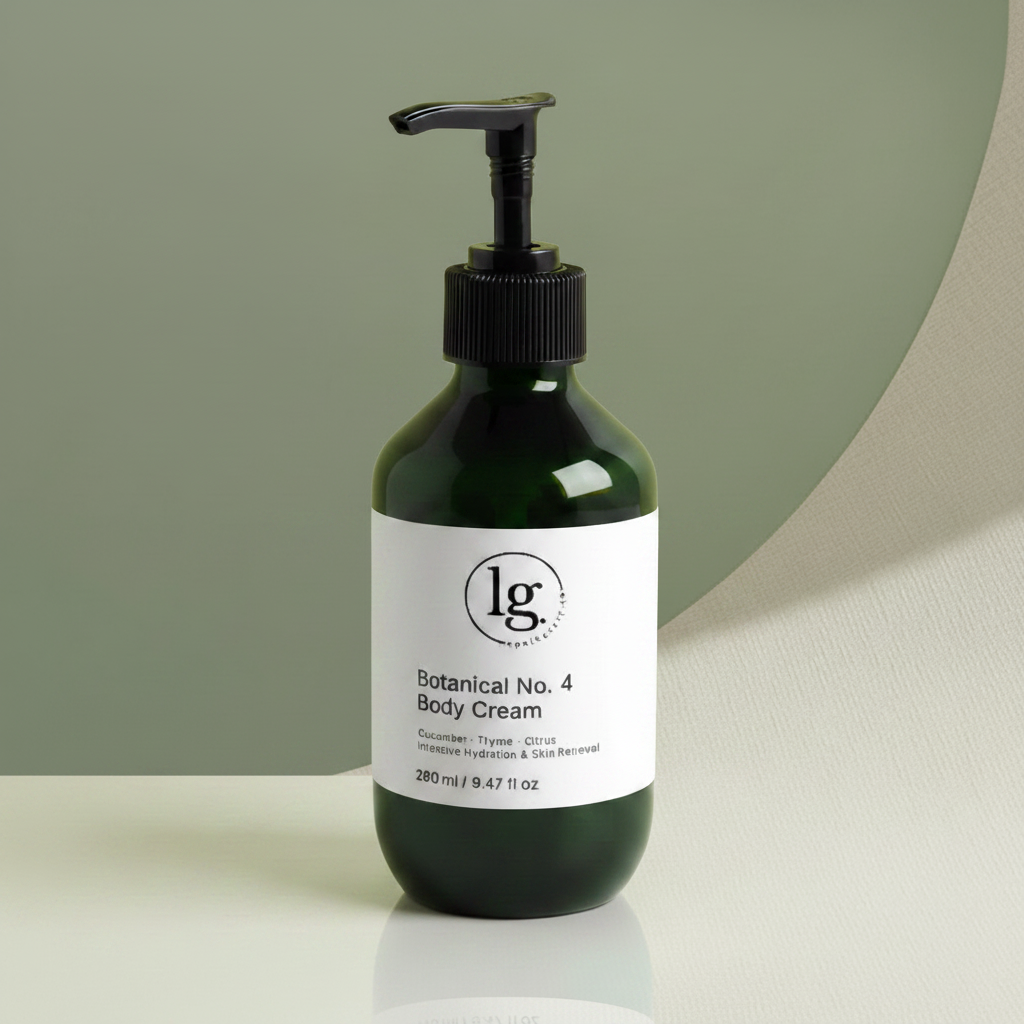 Green glass pump bottle of Botanical No. 4 Restorative Emulsion Body Lotion with minimalist white label on neutral background, highlighting botanical skincare and clean beauty.