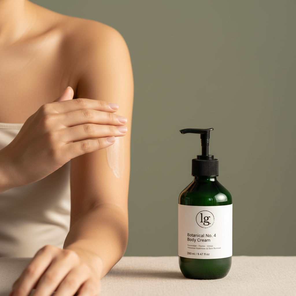 Person applying Botanical No. 4 Restorative Emulsion Body Lotion on their arm next to a green pump bottle on a neutral surface, highlighting botanical skincare and clean beauty.