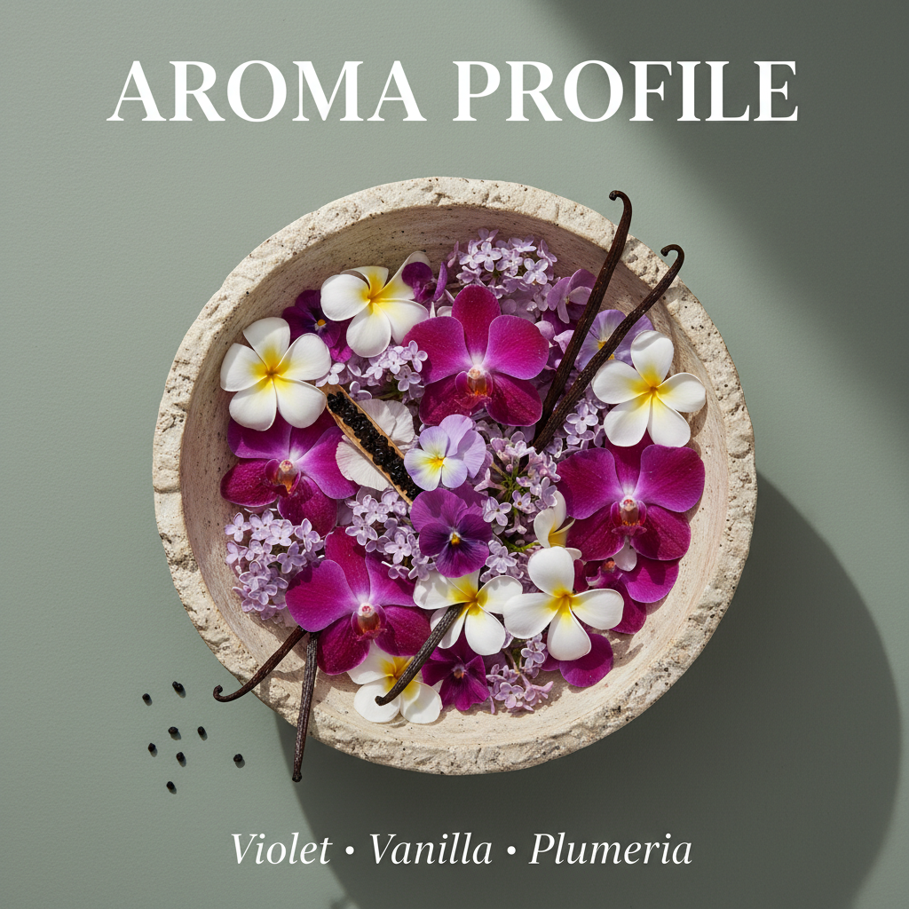 A bowl filled with violet, vanilla, plumeria flowers, and vanilla pods on a soft green background, representing the aroma profile for Botanical No. 5 Calming Skin Cleanser | Sensitive Skin.